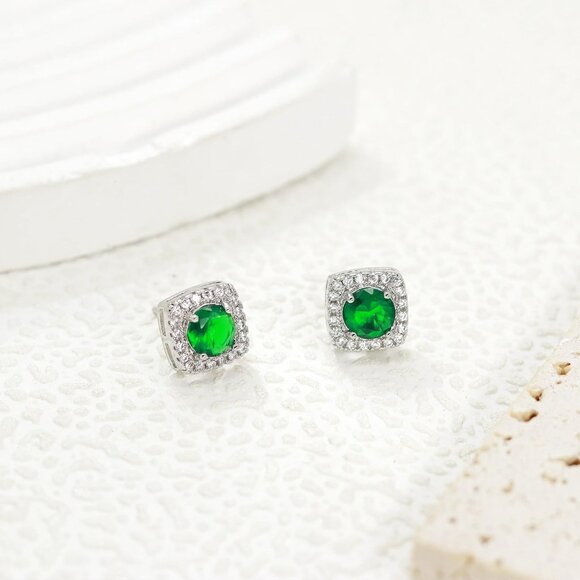 Women's Green Square Simulated Dainty Diamond Halo Sparkling Stud Earring - Picture 5 of 9